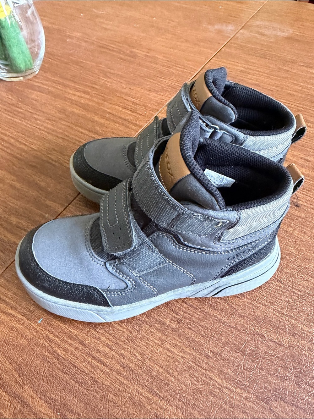 Geox Kids Gray and Black Double-Strap High-Top Boots with Tan Accents